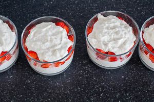 Mit einer Schicht Kokos-Konfekt-Masse abschließen und mit Kokosraspeln bestreuen