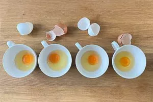 Eier in Tassen geben.