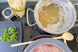 Penne nach Packungsanweisung kochen und Basilikum als Topping vorbereiten.
