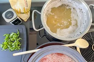Penne nach Packungsanweisung kochen und Basilikum als Topping vorbereiten.