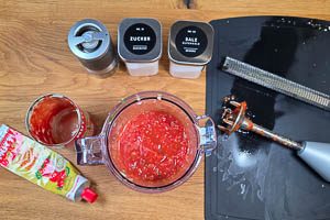 In einem hohen Gefäß alle Zutaten kurz mit einem Pürierstab mixen, so dass die Salsa eine stückelige Konsistenz hat.