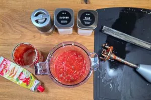 In einem hohen Gefäß alle Zutaten kurz mit einem Pürierstab mixen, so dass die Salsa eine stückelige Konsistenz hat.
