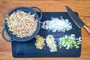 Zwiebeln, Knoblauch, Ingwer, Frühlingszwiebeln und Sojasprossen vorbereiten