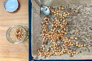 Abgekühlte Kürbiskerne in ein luftdichtes Schraubglas füllen
