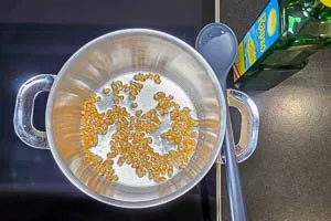 Öl erhitzen und Popcorn-Mais zugeben.