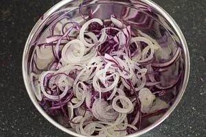 Rotkohl hobeln und Zwiebel in feine Streifen schneiden