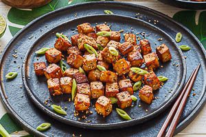 Mit Frühlingszwiebeln servieren. Fertig ist dein marinierter Tofu!