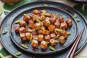 Mit Frühlingszwiebeln servieren. Fertig ist dein marinierter Tofu!
