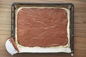 Dunklen Donauwelle-Teig auf dem hellen Teig verstreichen