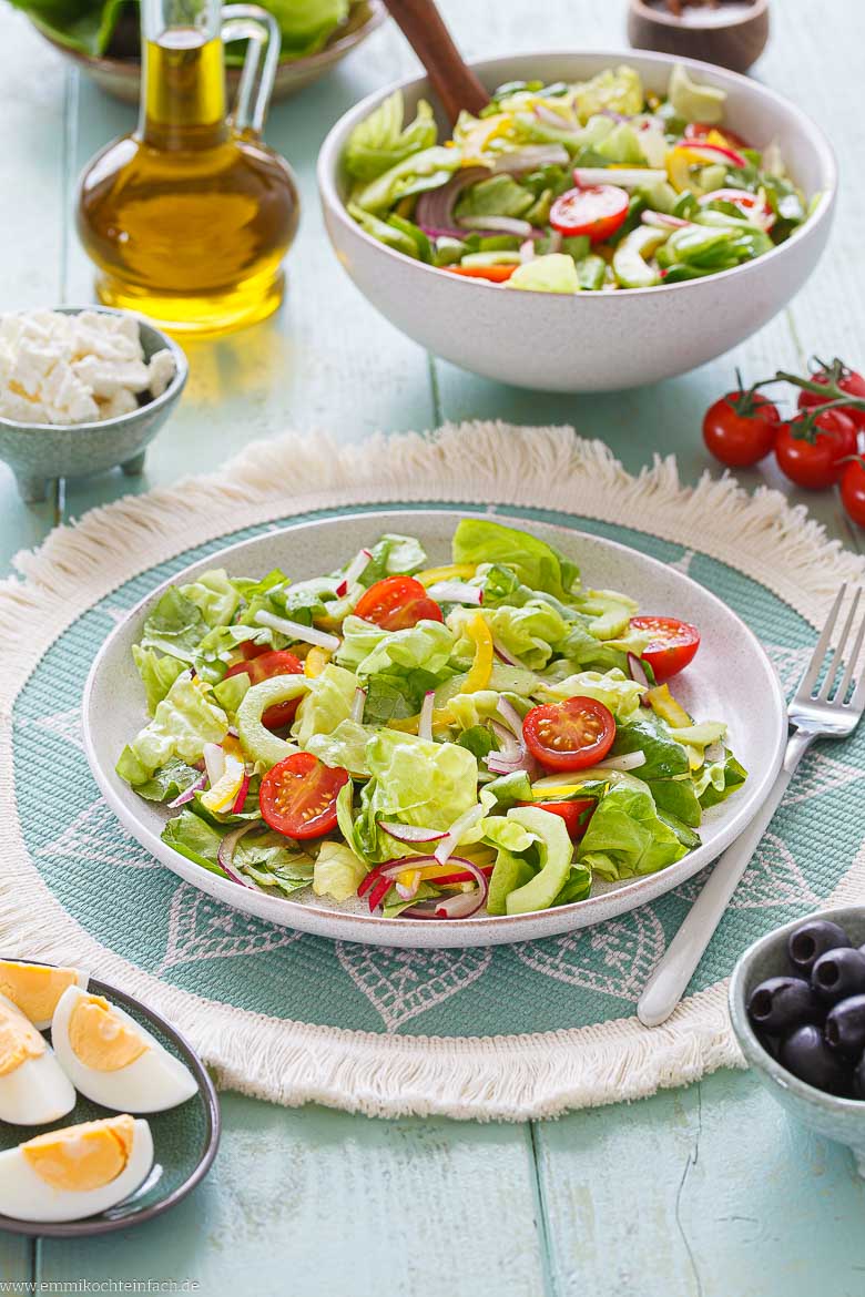 Gemischter Salat mit Gurke, Kirschtomaten, Paprika, Radieschen und Zwiebeln