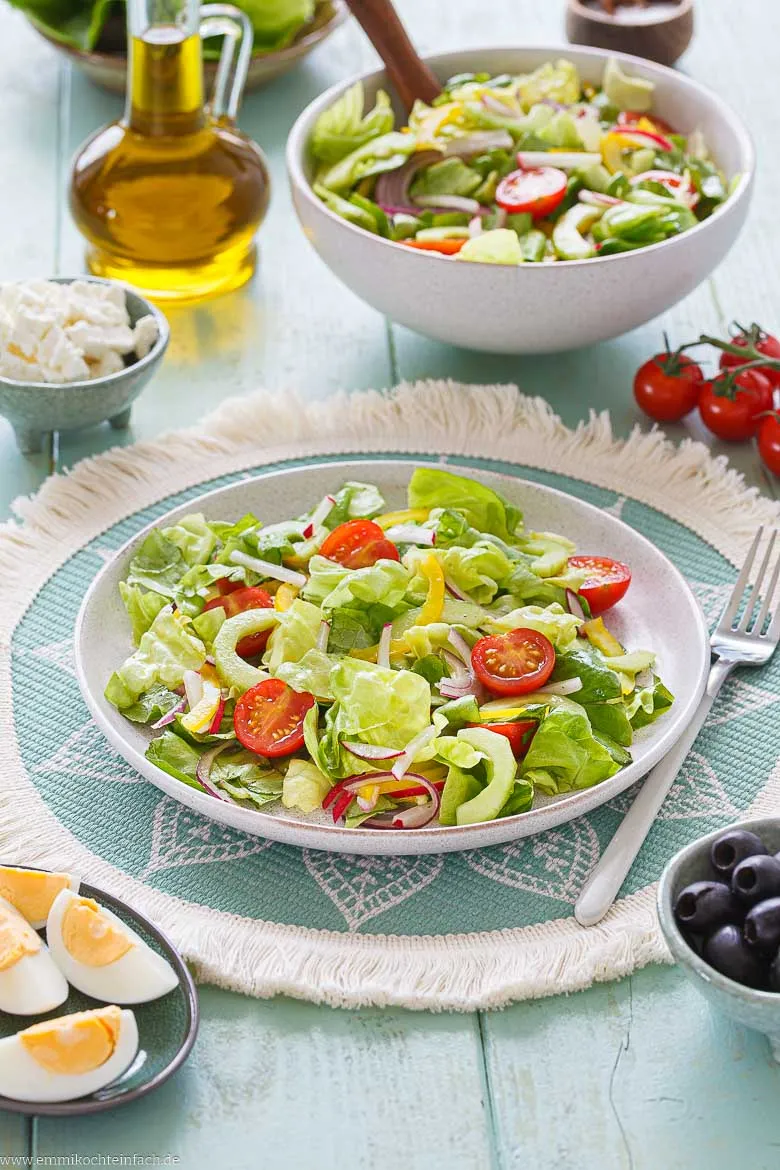 Gemischter Salat mit Gurke, Kirschtomaten, Paprika, Radieschen und Zwiebeln