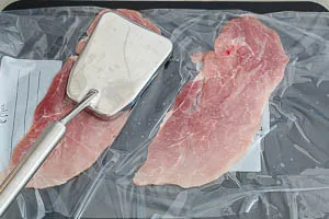 Schnitzel mit Pflanzen&ouml;l in einen Gefrierbeutel geben und mit einem Plattiereisen klopfen