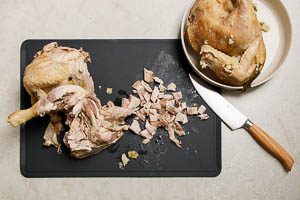 Fleisch vom Knochen entfernen und klein schneiden.