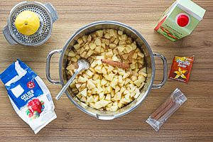 Apfelstücke mit Zitronensaft, Gelierzucker, Bourbon-Vanillezucker und der Zimtstange in einen hohen Kochtopf geben